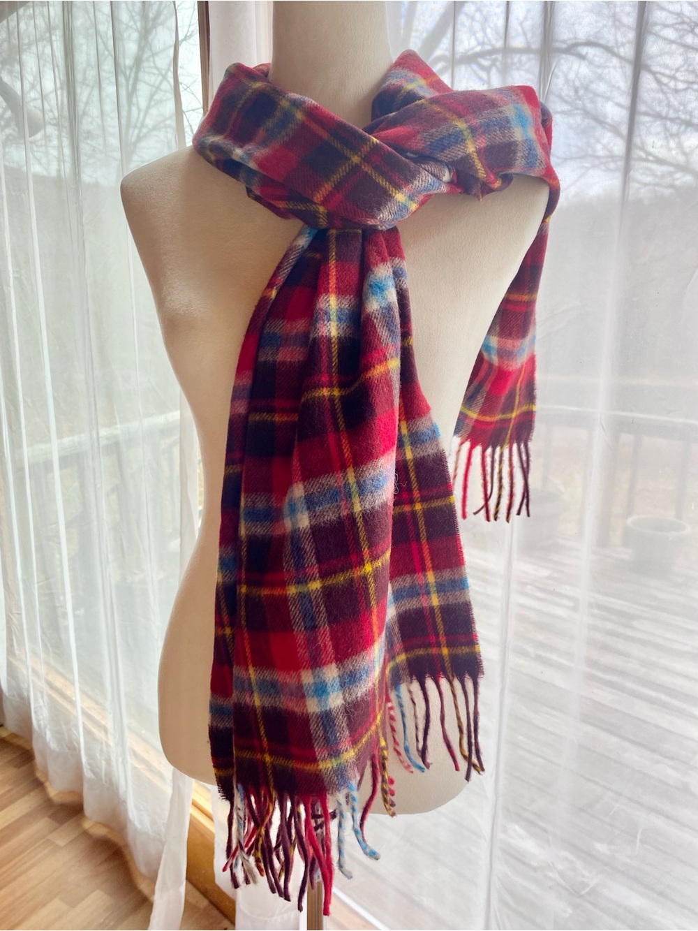 MOON for J. Crew Fine Merino Wool Red Plaid Fringe Scarf Multicolor Stripes NWT